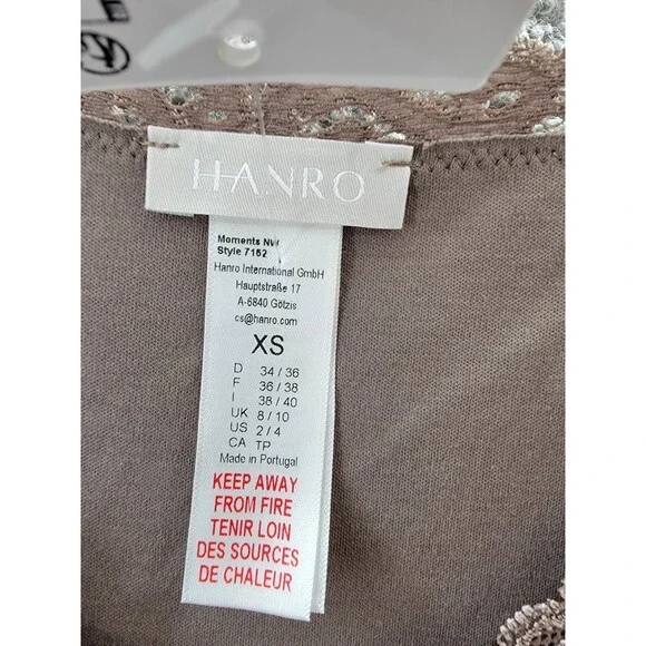 Hanro Moments Lace trim Nightgown Women's XS/2-4 Stonewash V-Neck Quarter Sleeve